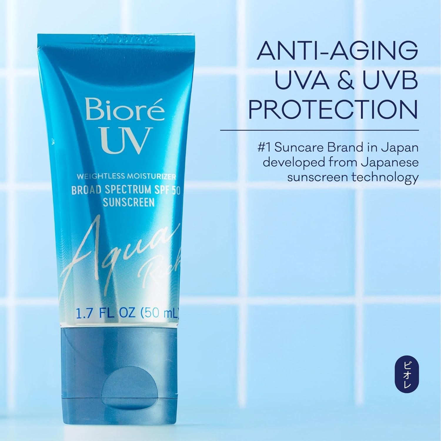 imageBiore UV Aqua Rich Daily Hydrating Facial Moisturizer with SPF 50 Oil Free Sunscreen for Sensitive Skin with Hyaluronic Acid NonComedogenic Dermatologist Tested 17 Oz3 Pack17 Fl Oz Pack of 1