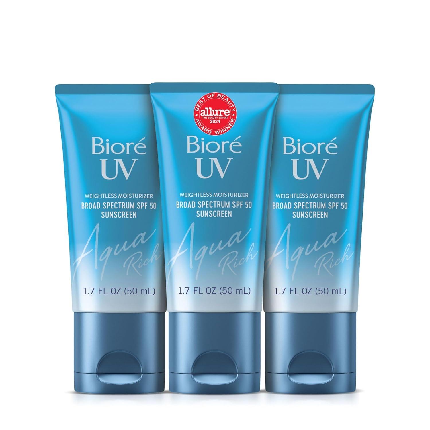 imageBiore UV Aqua Rich Daily Hydrating Facial Moisturizer with SPF 50 Oil Free Sunscreen for Sensitive Skin with Hyaluronic Acid NonComedogenic Dermatologist Tested 17 Oz3 Pack17 Fl Oz Pack of 3