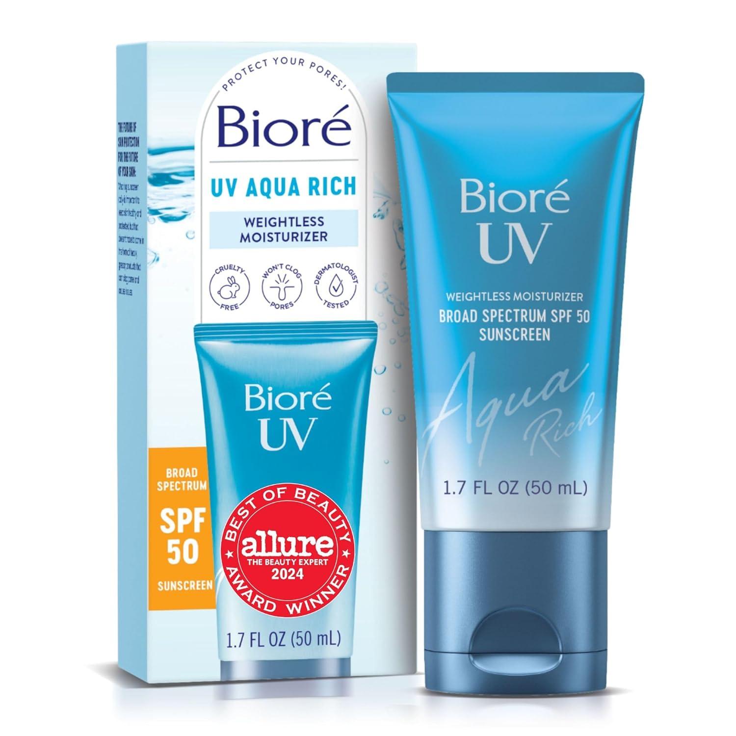 imageBiore UV Aqua Rich Daily Hydrating Facial Moisturizer with SPF 50 Oil Free Sunscreen for Sensitive Skin with Hyaluronic Acid NonComedogenic Dermatologist Tested 17 Oz3 Pack17 Fl Oz Pack of 1