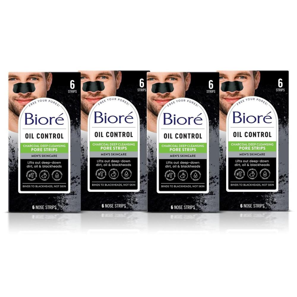imageBior Charcoal Deep Cleansing Pore Strips for Men Nose Strips for Blackhead Removal on Oily Skin Features CBond Technology with Instant Pore Unclogging 6 Count6 Count Pack of 4
