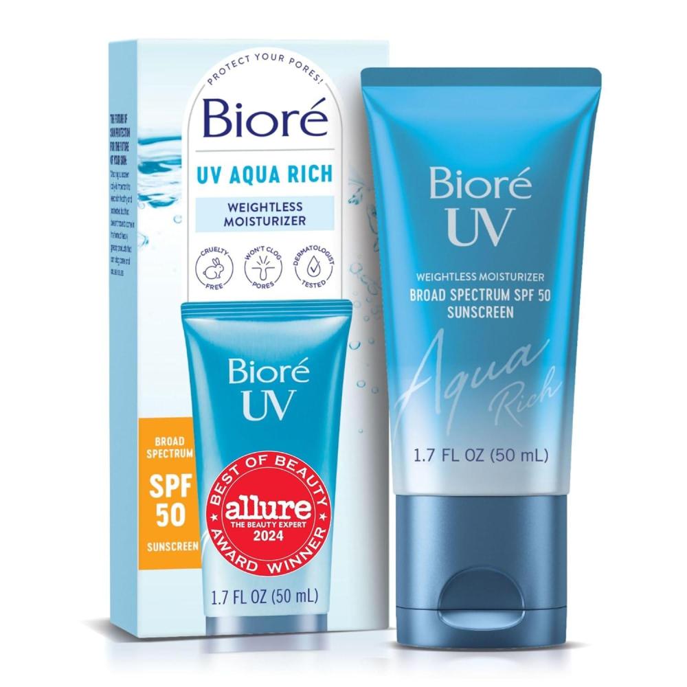 imageBiore UV Aqua Rich Daily Hydrating Facial Moisturizer with SPF 50 Oil Free Sunscreen amp Primer for Makeup with Hyaluronic Acid No White Cast NonComedogenic For Sensitive Skin PA 17 Oz