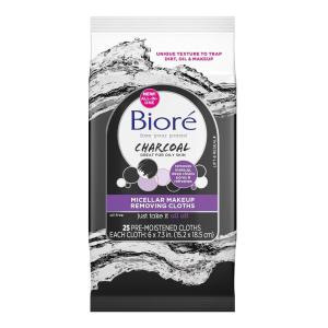 Bioré Charcoal Makeup Removing Cloths, with Micellar Cleansing Water, No-rinse Makeup and Oil Removal, for Oily Skin, 25 Count