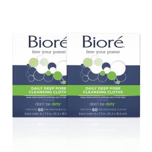 Bioré Daily Make Up Removing Cloths, Facial Cleansing Wipes with Dirt-grabbing Fibers for Deep Pore Cleansing without Oily Residue, 60 Count(60 Count (Pack of 2))
