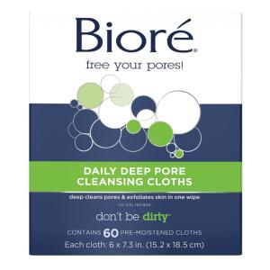 Bioré Daily Make Up Removing Cloths, Facial Cleansing Wipes with Dirt-grabbing Fibers for Deep Pore Cleansing without Oily Residue, 60 Count(60 Count (Pack of 1))